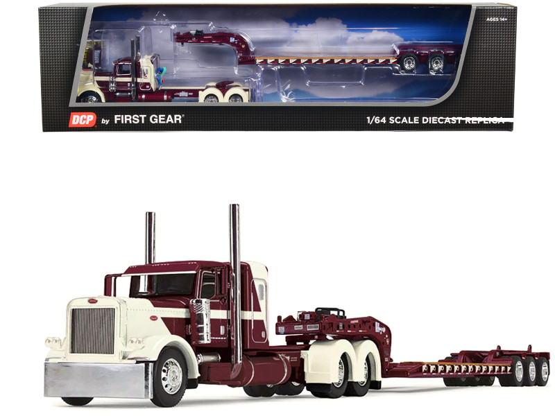 Peterbilt 389 with 36 Flat Top Sleeper and Fontaine Magnitude Tri Axle Lowboy Trailer Beige and Burgundy R L Spartz Trucking 1/64 Diecast Model DCP/First Gear 60-1697