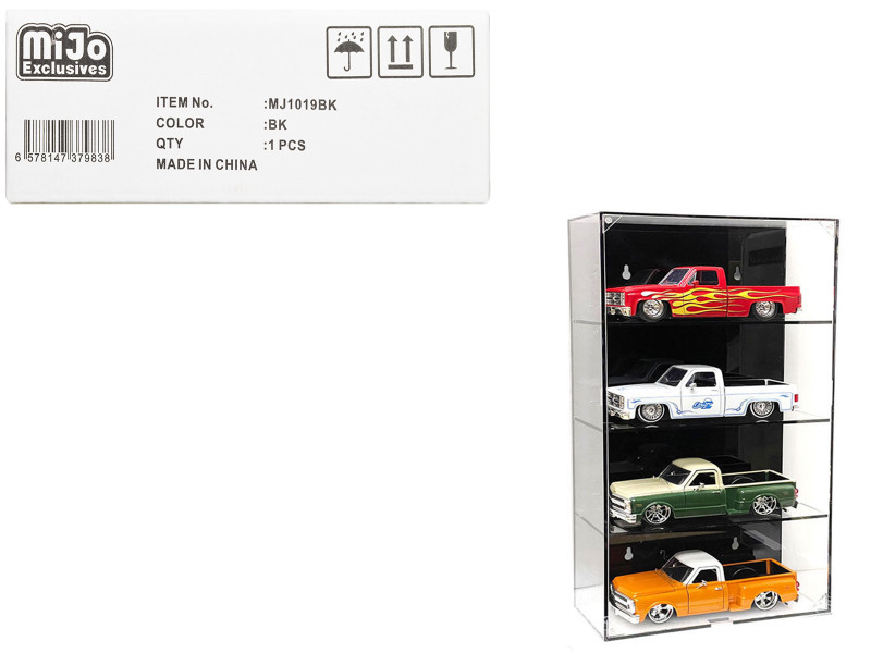 Showcase 4 Car Display Case Wall Mount with Black Back Panel Mijo Exclusives for 1/24 1/25 Scale Models MJ1019BK