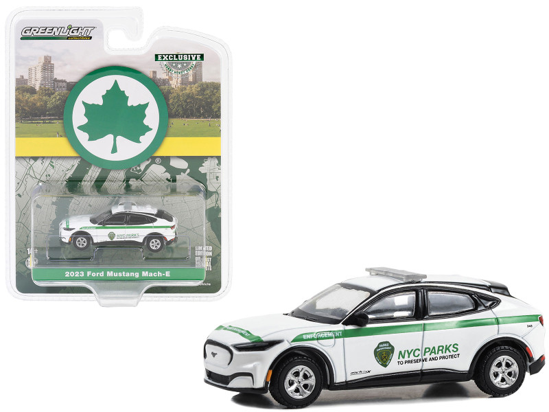 2023 Ford Mustang Mach E White with Green Stripes New York City Department of Parks & Recreation Hobby Exclusive Series 1/64 Diecast Model Car Greenlight 30480