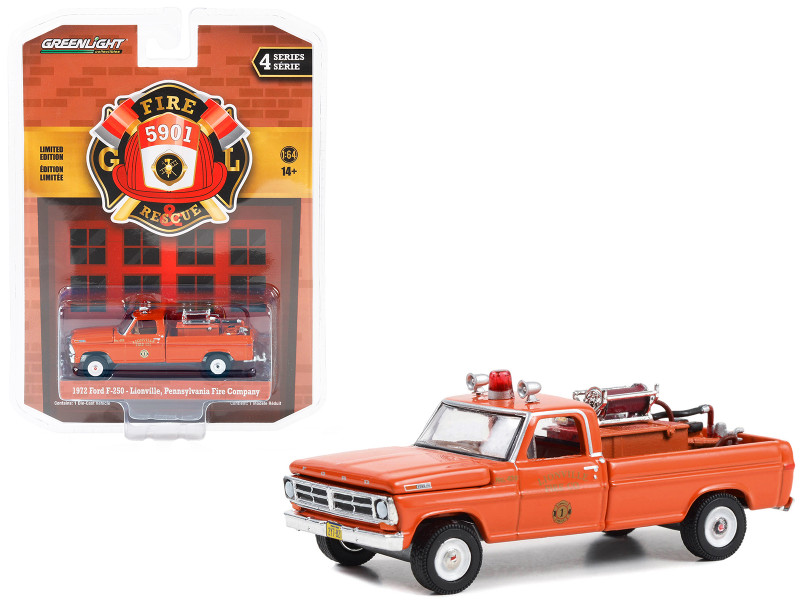 1972 Ford F 250 Pickup Truck with Fire Equipment Hose and Tank Red Lionville Pennsylvania Fire Company Fire & Rescue Series 4 1/64 Diecast Model Car Greenlight 67050A