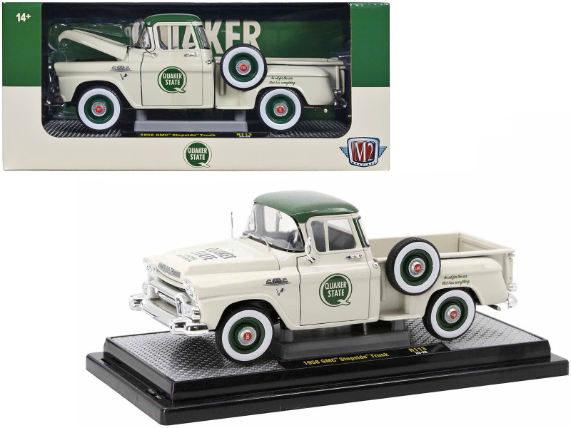 1958 GMC Stepside Pickup Truck Light Beige with Green Top Quaker State Limited Edition to 6650 pieces Worldwide 1/24 Diecast Model Car M2 Machines 40300-113B
