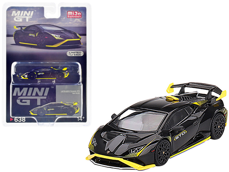 Lamborghini Huracan STO Nero Noctis Black with Yellow Accents Limited Edition to 5400 pieces Worldwide 1/64 Diecast Model Car True Scale Miniatures MGT00638