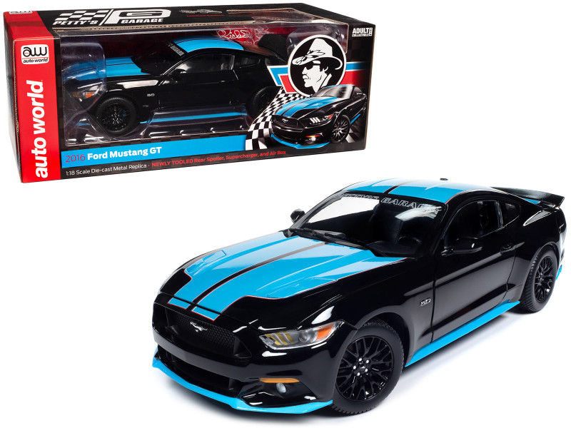 2015 Ford Mustang GT 5 0 Black with Petty Blue Stripes Petty s Garage 1/18 Diecast Model Car Auto World AW321