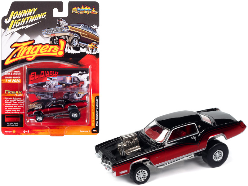 1967 Cadillac Eldorado El Diablo Tuxedo Black and Red Velvet Metallic Zingers Limited Edition to 2620 pieces Worldwide Street Freaks Series 1/64 Diecast Model Car Johnny Lightning JLSF026-JLSP359A