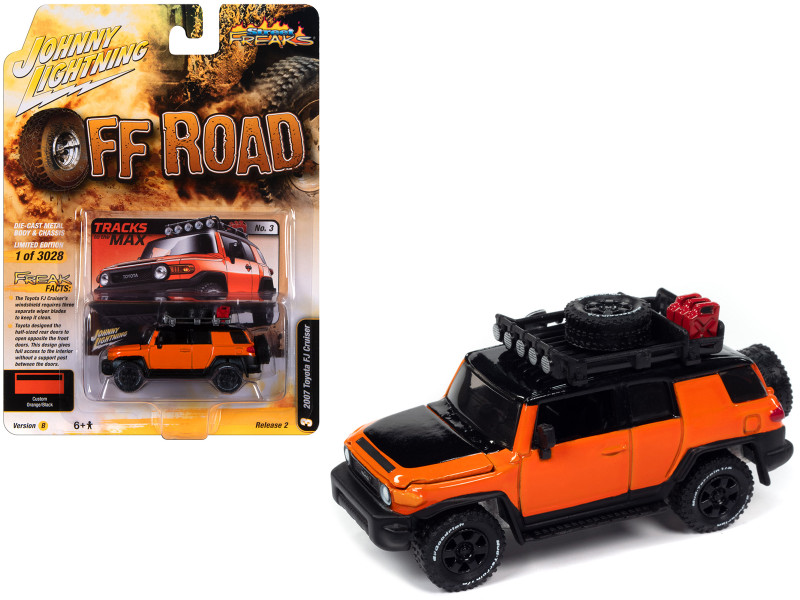2007 Toyota FJ Cruiser Tracks to the Max Orange with Black Hood and Top and Roof Rack Off Road Limited Edition to 3028 pieces Worldwide Street Freaks Series 1/64 Diecast Model Car Johnny Lightning JLSF026-JLSP361B