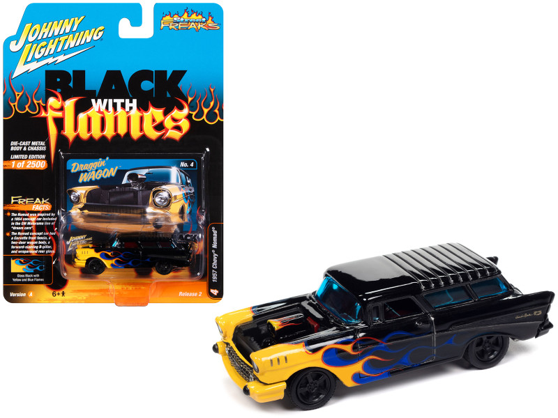 1957 Chevrolet Nomad Draggin Wagon Black with Blue and Yellow Flames Black with Flames Limited Edition to 2500 pieces Worldwide Street Freaks Series 1/64 Diecast Model Car Johnny Lightning JLSF026-JLSP362A