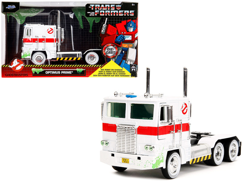 G1 Autobot Optimus Prime Truck White with Robot on Chassis from Transformers TV Series Ghostbusters 1984 Movie Crossover Hollywood Rides Series 1/24 Diecast Model Jada 35572