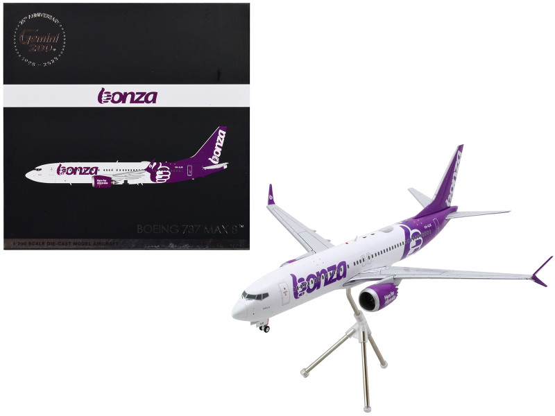 Boeing 737 MAX 8 Commercial Aircraft Bonza Aviation VH UJK White with Purple Tail Gemini 200 Series 1/200 Diecast Model Airplane GeminiJets G2BNZ1236