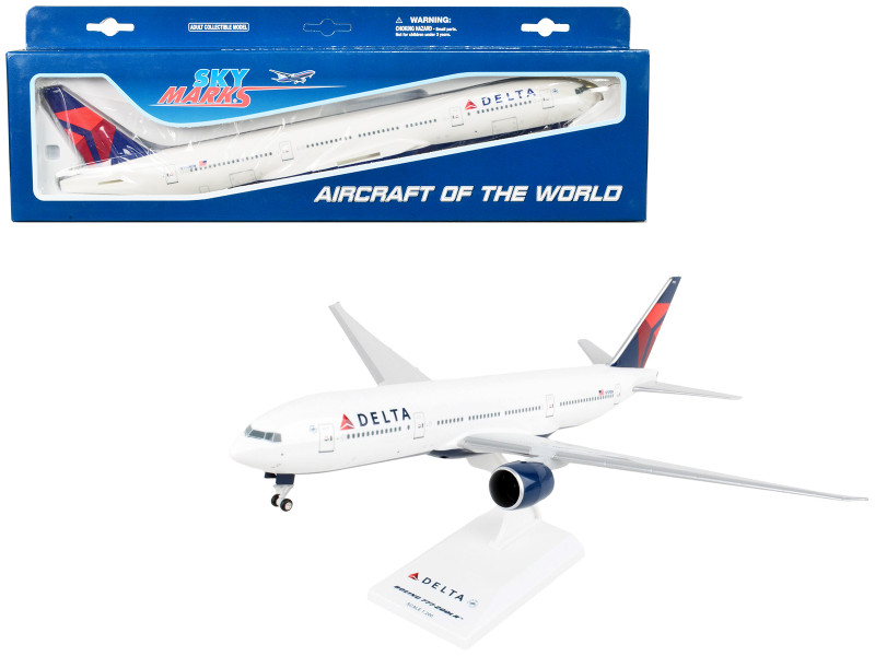 Boeing 777 200 Commercial Aircraft with Landing Gear Delta Air Lines N709DN White with Blue and Red Tail Snap Fit 1/200 Plastic Model Skymarks SKR374G