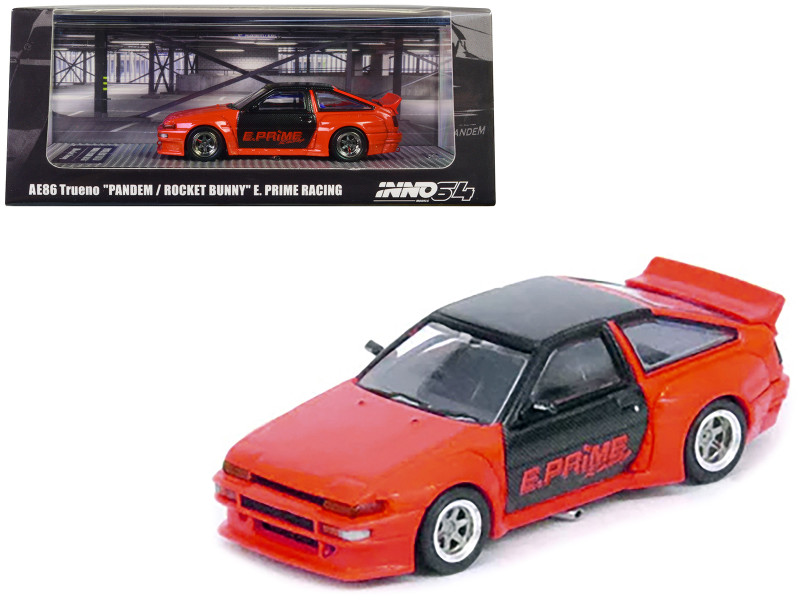 Toyota Corolla AE86 Trueno RHD Right Hand Drive Orange with Carbon Fibre Top and Doors E  Prime Racing Pandem Rocket Bunny 1/64 Diecast Model Car Inno Models IN64-AE86P-EPR