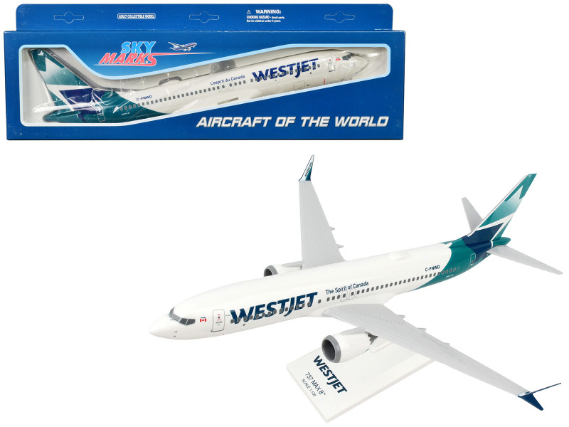 Boeing 737 MAX 8 Commercial Aircraft WestJet Airlines C FNWD White with Teal Tail Snap Fit 1/130 Plastic Model Skymarks SKR994