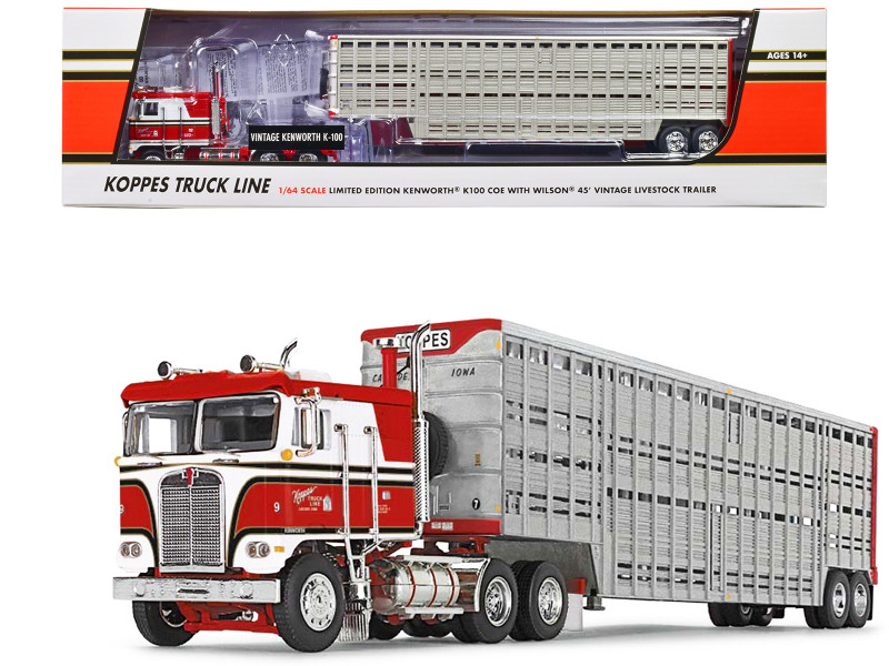 Kenworth K100 COE Red and White with 45 Wilson Vintage Livestock Trailer Koppes Truck Line 1/64 Diecast Model DCP/First Gear 60-1756