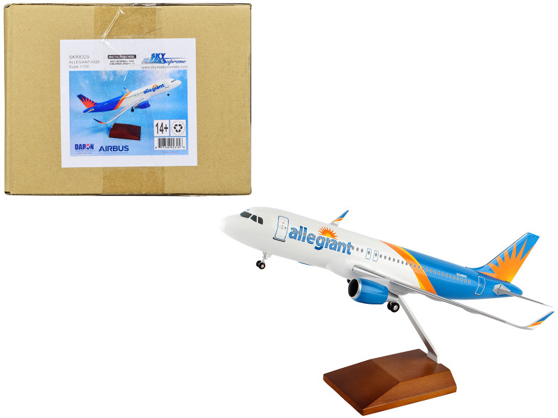 Airbus A320 Commercial Aircraft with Landing Gear Allegiant Air N246NV White and Blue with Orange Stripes Snap Fit 1/100 Plastic Model Skymarks SKR8329