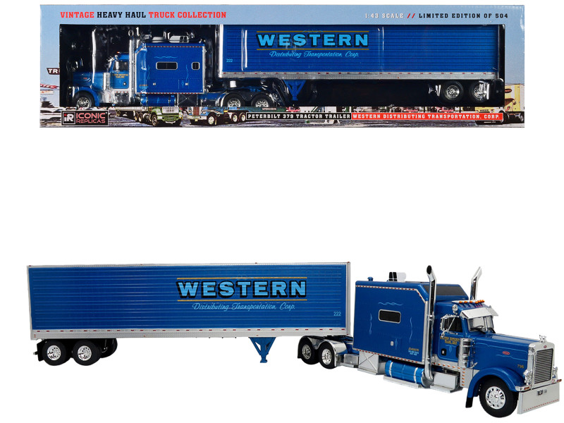 Peterbilt 379 Tractor Truck with Trailer Blue Metallic Western Distributing Transportation Corp Limited Edition to 504 pieces Worldwide Vintage Heavy Haul Truck Collection 1/43 Diecast Model Iconic Replicas 43-0505