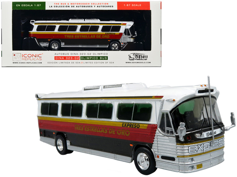 Dina 323 G2 Olimpico Coach BusTres Estrellas de Oro White and Silver with Stripes Limited Edition to 504 pieces Worldwide The Bus and Motorcoach Collection 1/87 HO Diecast Model Iconic Replicas 87-0518