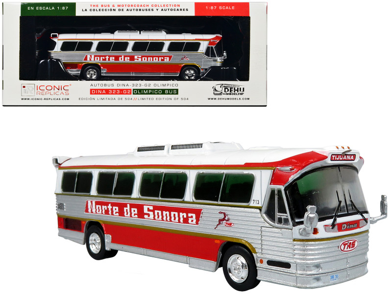 Dina 323 G2 Olimpico Coach Bus Norte de Sonora White and Silver with Red Stripes Limited Edition to 504 pieces Worldwide The Bus and Motorcoach Collection 1/87 (HO) Diecast Model Iconic Replicas 87-0519