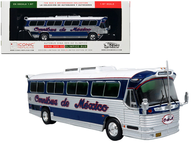 Dina 323 G2 Olimpico Coach Bus Omnibus de Mexico White and Silver with Dark Blue Stripes Limited Edition to 504 pieces Worldwide The Bus and Motorcoach Collection 1/87 (HO) Diecast Model Iconic Replicas 87-0521