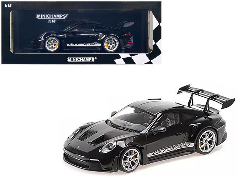 2023 Porsche 911 992 GT3 RS Black with Carbon Top and Hood Stripes Limited Edition to 300 pieces Worldwide 1/18 Diecast Model Car Minichamps MN155062231