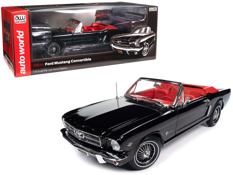 1964 1 2 Ford Mustang Convertible Raven Black with Red Interior American Muscle Series 1/18 Diecast Model Car Auto World AMM1312