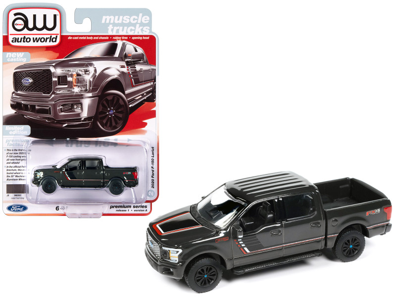 2020 Ford F 150 Lariat FX4 Pickup Truck Lead Foot Gray with Stripes Muscle Trucks Limited Edition 1/64 Diecast Model Car Auto World 64432-AWSP150A