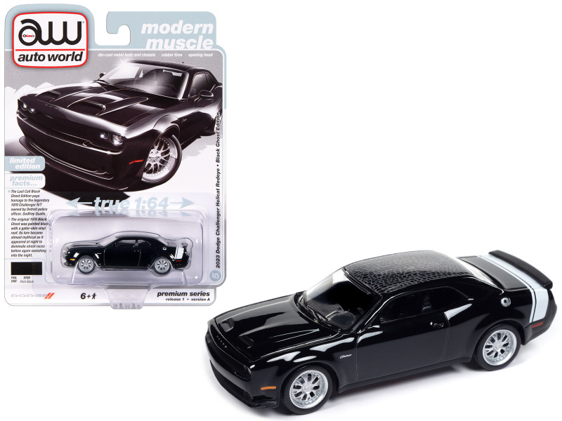 2023 Dodge Challenger Hellcat Redeye Black Ghost Edition Pitch Black with Gator Print Top and White Tail Stripe "Modern Muscle" Limited Edition 1/64 Diecast Model Car Auto World 64432-AWSP153A