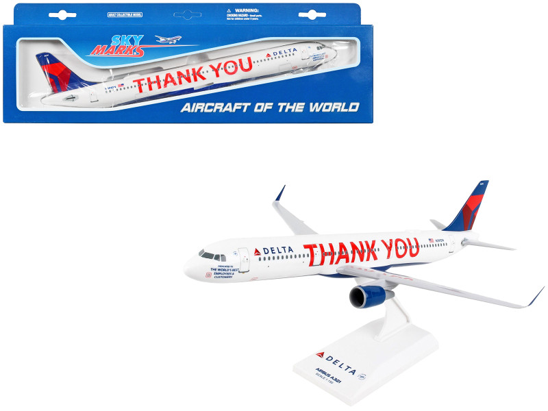 Airbus A321 Commercial Aircraft Delta Air Lines Thank You N391DN White with Red and Blue Tail Snap Fit 1/150 Plastic Model Skymarks SKR1057