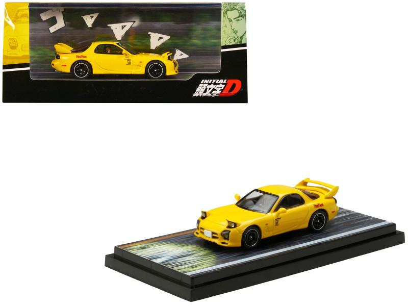 Mazda RX 7 FD3S RHD Right Hand Drive Yellow RedSuns with Keisuke Takahashi Driver Figure Initial D 1995 2013 Manga 1/64 Diecast Model Car Hobby Japan HJ643007BDY