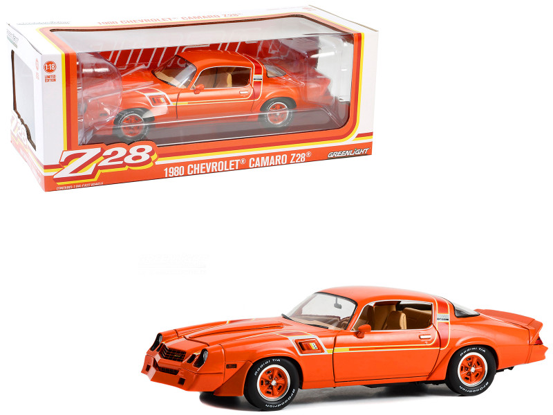 1980 Chevrolet Camaro Z28 Hugger Red Orange with Stripes 1/18 Diecast Model Car Greenlight 13658