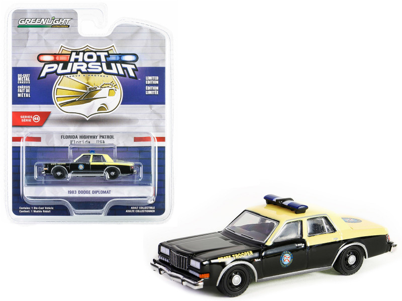 1983 Dodge Diplomat Black and Cream Florida Highway Patrol State Trooper Hot Pursuit Series 45 1/64 Diecast Model Car Greenlight 43030B
