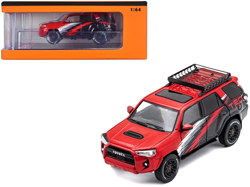 2022 4 Runner TRD Pro Black and Red with Graphics and Roofrack 1/64 Diecast Model Car GCD KS-059-347