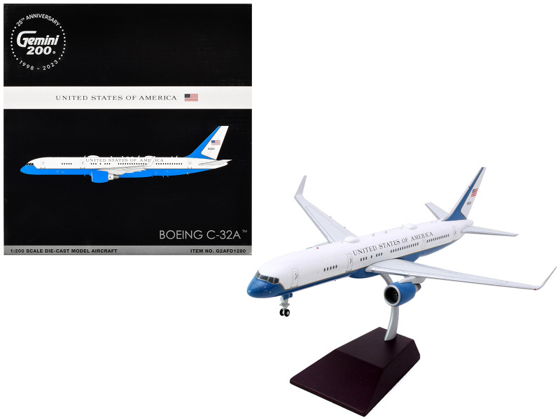 Boeing C 32A Transport Aircraft United States of American Air Force One 90004 White and Blue Gemini 200 Series 1/200 Diecast Model Airplane GeminiJets G2AFO1280