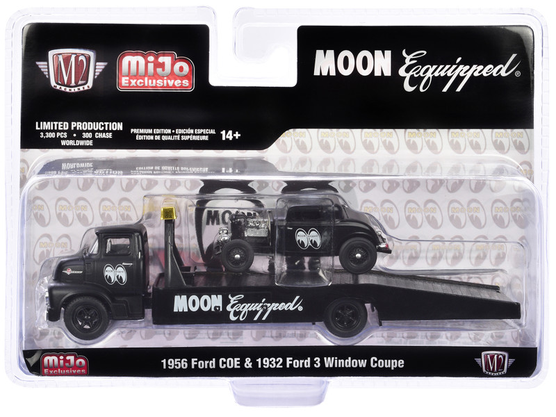 1956 Ford COE Ramp Truck Matt Black and 1932 Ford 3 Window Coupe Matt Black Mooneyes Limited Edition to 3300 pieces Worldwide 1/64 Diecast Model M2 Machines 39200-MJS06
