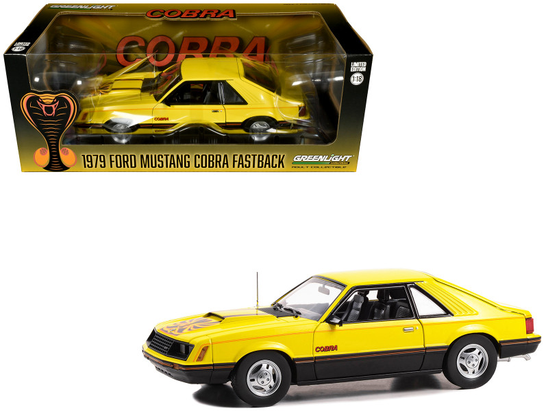 1979 Ford Mustang Cobra Fastback Bright Yellow with Black and Red Cobra Hood Graphics 1/18 Diecast Model Car Greenlight 13678