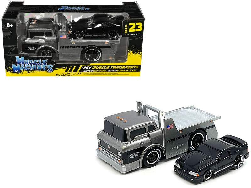 1966 Ford C600 Flatbed Truck Gray Metallic and 1993 Ford Mustang SVT Cobra Black Toyo Tires Muscle Transports Series 1/64 Diecast Models Muscle Machines 11556GRY