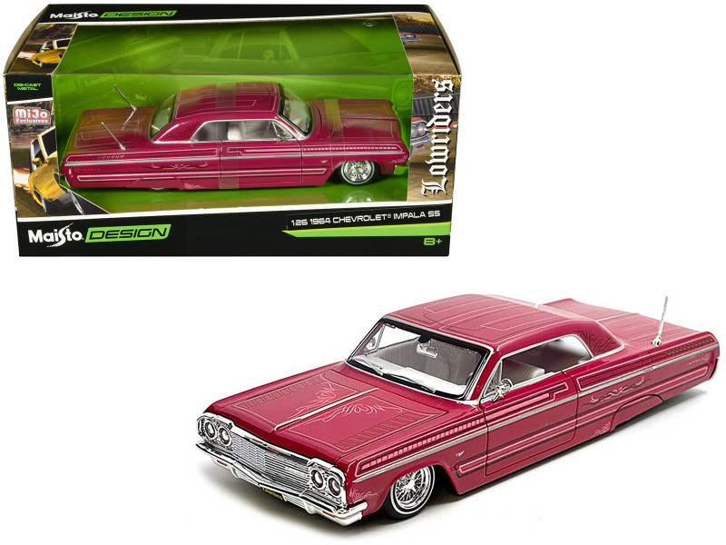 1964 Chevrolet Impala SS Lowrider Pink with Graphics and White Interior Lowriders Maisto Design Series 1/26 Diecast Model Car Maisto 32547PK