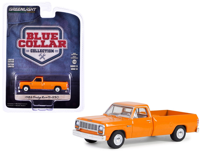 1982 Dodge Ram D 250 Pickup Truck DOT Orange Blue Collar Collection Series 13 1/64 Diecast Model Car Greenlight 35280C
