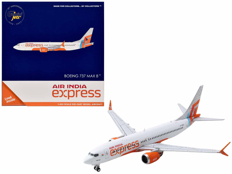 Boeing 737 MAX 8 Commercial Aircraft Air India Express VT BXA White with Tail Graphics 1/400 Diecast Model Airplane GeminiJets GJ2260