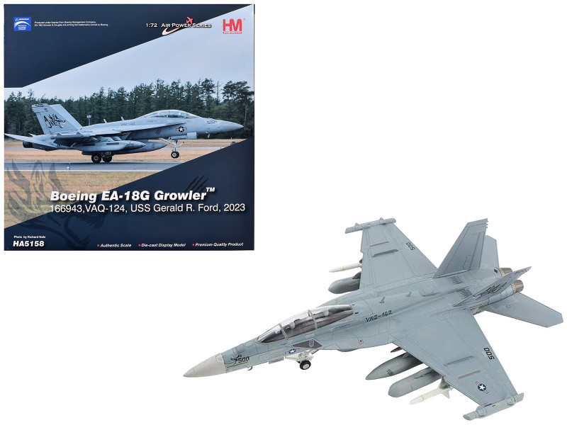 Boeing EA 18G Growler Aircraft VAQ 142 Gray Wolves USS Gerald R Ford 2023 United States Navy Air Power Series 1/72 Diecast Model Hobby Master HA5158
