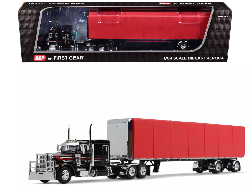 Peterbilt 379 with 63 Flat Top Sleeper and 53 Utility Roll Tarp Spread-Axle Trailer Black and Red 1/64 Diecast Model DCP/First Gear 60-1612