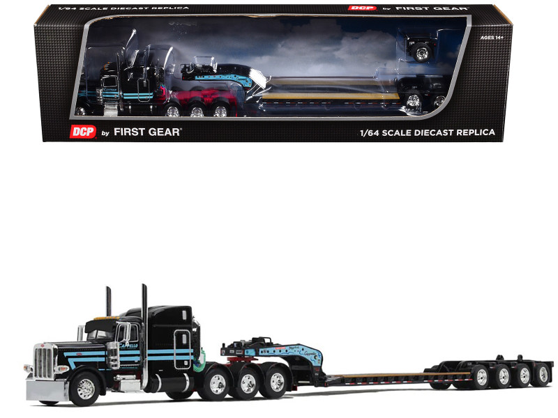 Peterbilt 389 with 63 Mid Roof Sleeper and Fontaine Magnitude Lowboy Trailer with Flip Axle Black with Light Blue Stripes Cappello Heavy Transport 1/64 Diecast Model DCP/First Gear 60-1842