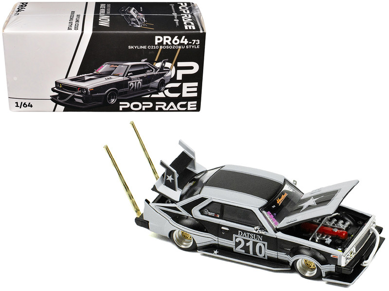 Skyline C210 Bosozoku Style RHD Right Hand Drive #210 Matt Black and Silver 1/64 Diecast Model Car Pop Race PR640073