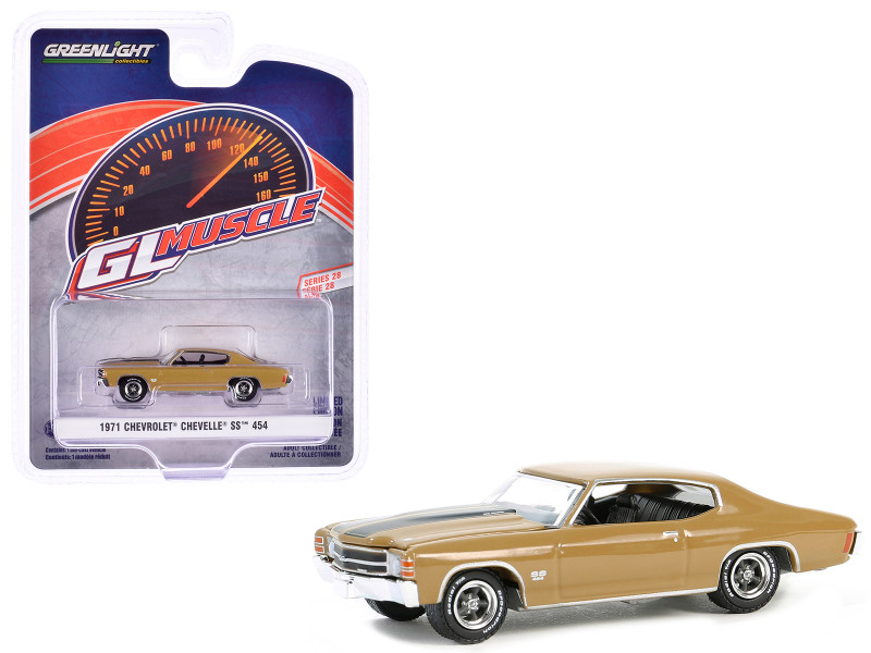 1971 Chevrolet Chevelle SS 454 Placer Gold Metallic with Black Hood Stripes GreenLight Muscle Series 28 1/64 Diecast Model Car Greenlight 13350C