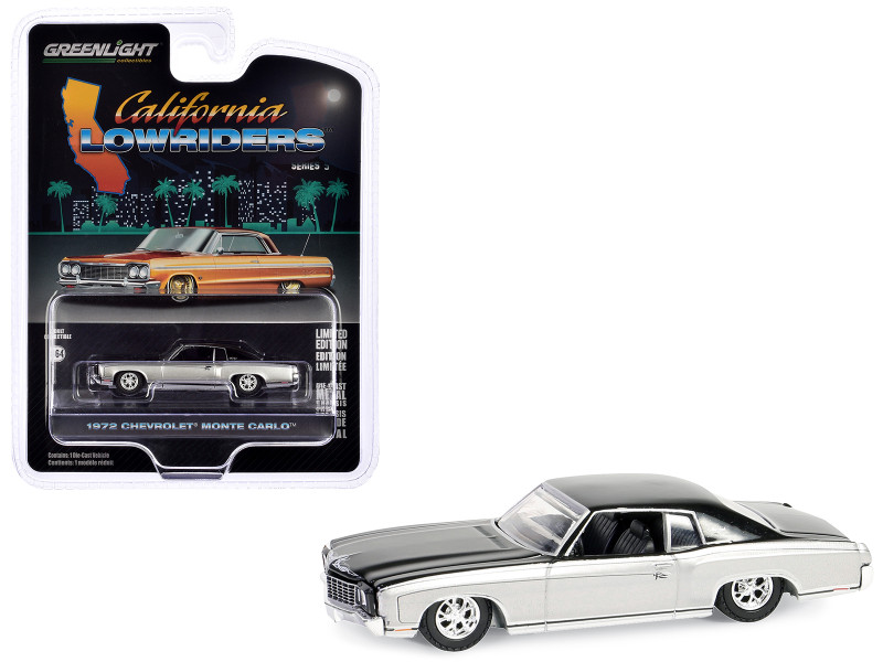 1972 Chevrolet Monte Carlo Lowrider Silver Metallic and Black California Lowriders Series 5 1/64 Diecast Model Car Greenlight 63060F