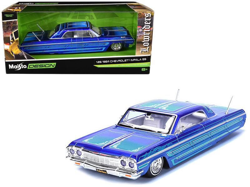 1964 Chevrolet Impala SS Lowrider Candy Blue with Graphics and White Interior Lowriders Maisto Design Series 1/26 Diecast Model Car Maisto 32547BL