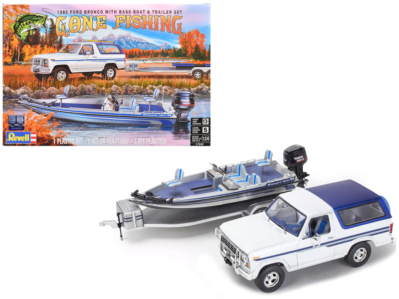 Level 5 Model Kit 1980 Ford Bronco with Bass Boat and Flatbed Trailer Set 1/24 Scale Model Revell 17242