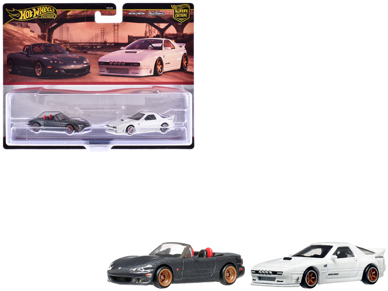 Mazda Mazdaspeed Miata Gray Metallic and Mazda RX7 FC Pandem White Car Culture Set of 2 Cars Diecast Model Cars Hot Wheels HRR75-956L