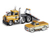 1980 Mack A685ST Flatbed Truck Gold Metallic with Beige Stripes Madman Garage and 1972 Chevrolet C10 Pickup Truck Gold Metallic and Beige Muscle Transports Series 1/64 Diecast Models Muscle Machines 11555GRN