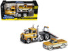 1980 Mack A685ST Flatbed Truck Gold Metallic with Beige Stripes Madman Garage and 1972 Chevrolet C10 Pickup Truck Gold Metallic and Beige Muscle Transports Series 1/64 Diecast Models Muscle Machines 11555GRN
