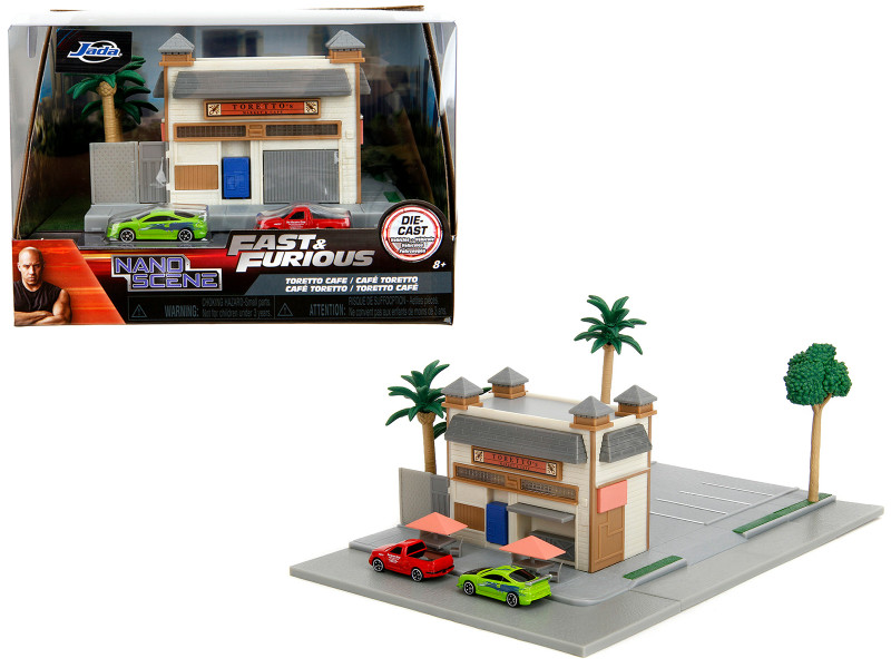 Toretto Cafe Diorama with Mitsubishi Eclipse Green and Ford F 150 SVT Lightning Red Fast and Furious Nano Scene Series Model Jada 34914