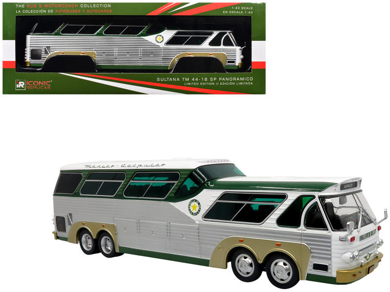 Sultana TM 44 18 SP Panoramico Coach Bus Estrella de Oro Acapulco White and Green with Silver Sides The Bus & Motorcoach Collection 1/43 Diecast Model Iconic Replicas 43-0493